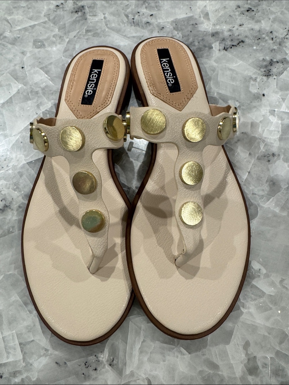 Kensie Cream T-Strap Sandals with Gold Disc Accents